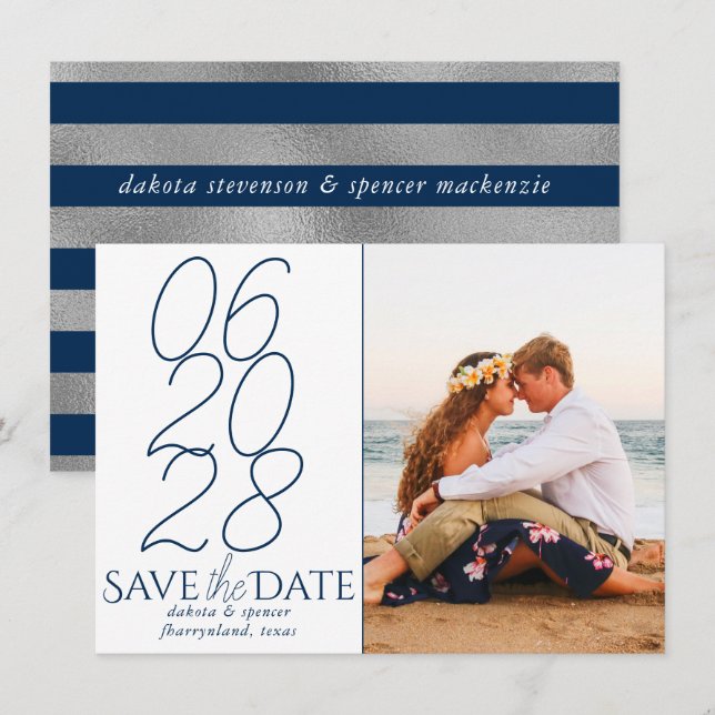 Classic Blue | Navy und White Lässig Script Foto Save The Date (Vorne/Hinten)