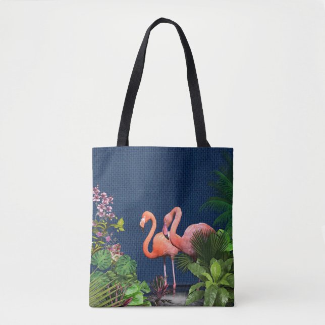 Classic Blue Pink Flamingos Green Blätter Tasche (Vorderseite)