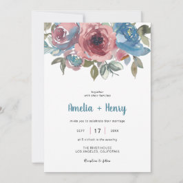 Classic Blue & Pink Floral Elegante Hochzeit Einladung