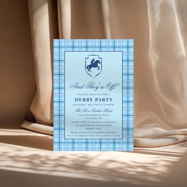 Classic Blue Plaid Race Horse Crest Derby Party Einladung (Von Creator hochgeladen)