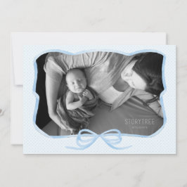 Classic Blue Ribbon Bow Baby Boy Birth Fotokarte Ankündigung
