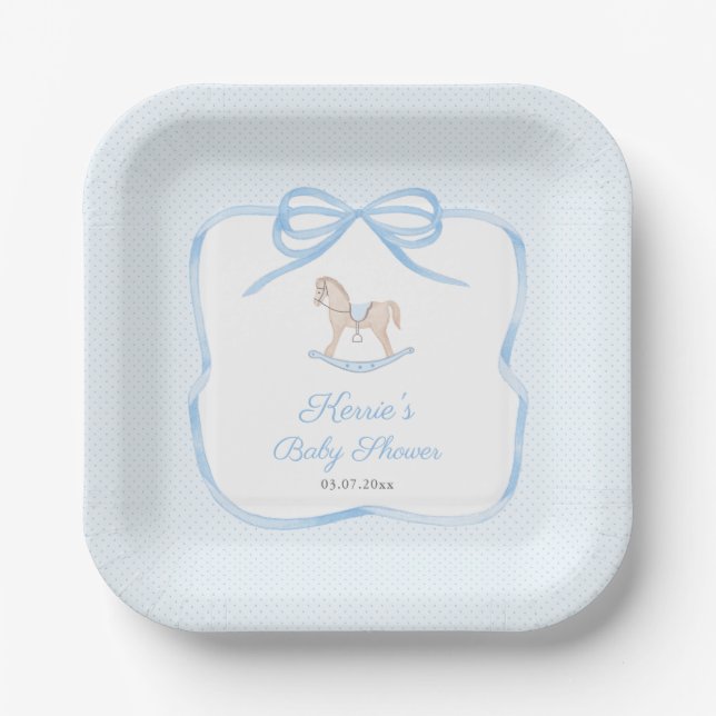 Classic Blue Rocking Horse Boy Baby Shower Party Pappteller (Vorderseite)