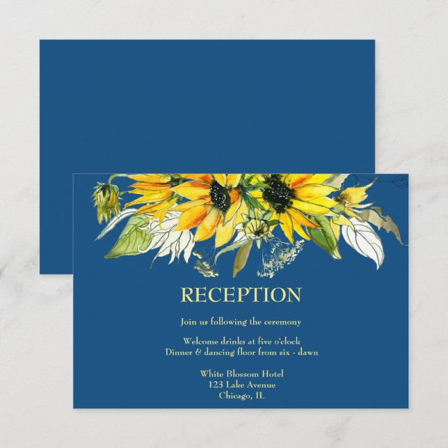 Classic Blue Sunflower Empfang Card RSVP Karte (Vorne/Hinten)
