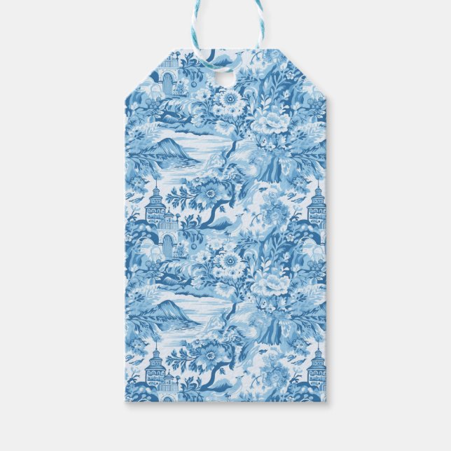 Classic Blue Toile Landschaft Geschenkanhänger (Vorderseite)
