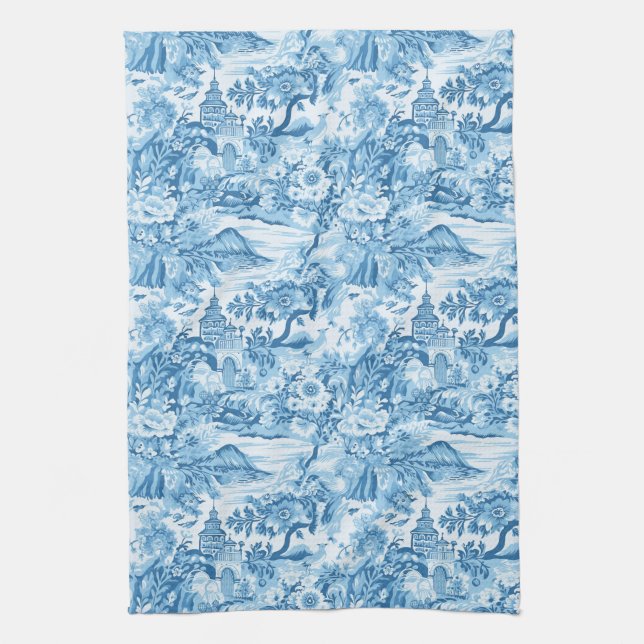 Classic Blue Toile Landschaft Geschirrtuch (Vertikal)