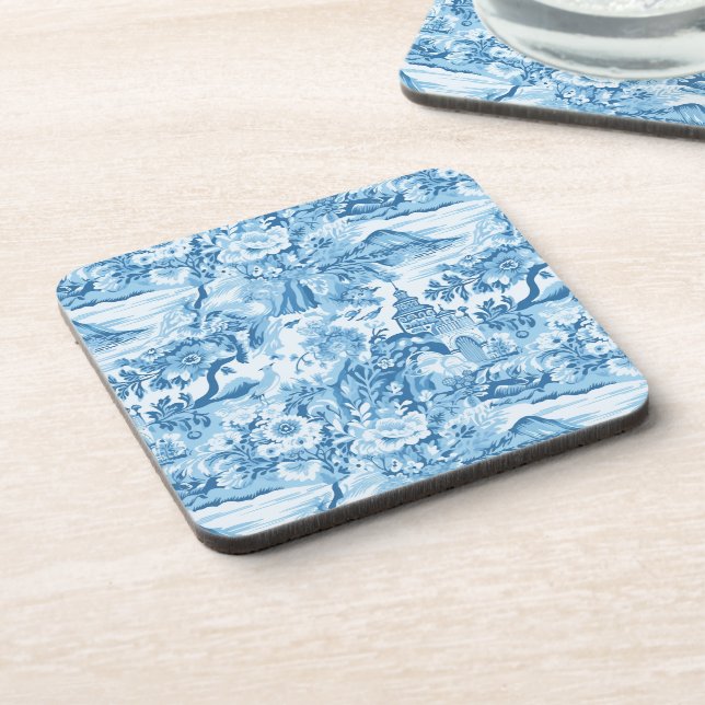 Classic Blue Toile Landschaft Getränkeuntersetzer (Linke Seite)
