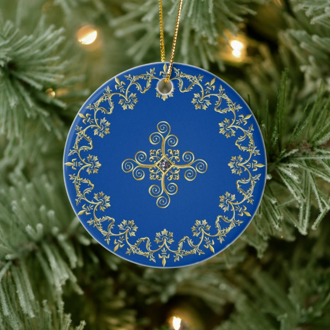 Classic Blue und Gold Keramik Ornament (Baum)