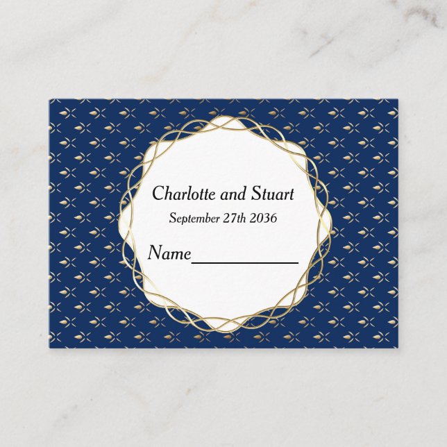 Classic Blue und Gold Wedding Platzkarte (Vorderseite)