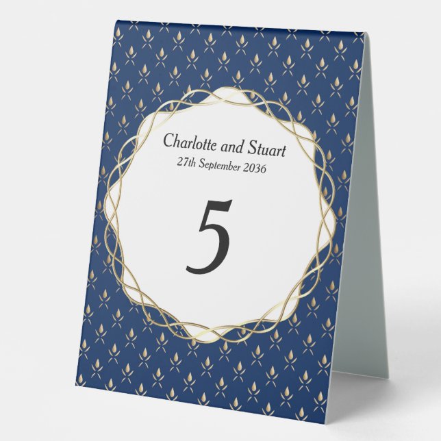 Classic Blue und Gold Wedding Tischaufsteller (Vorderseite)