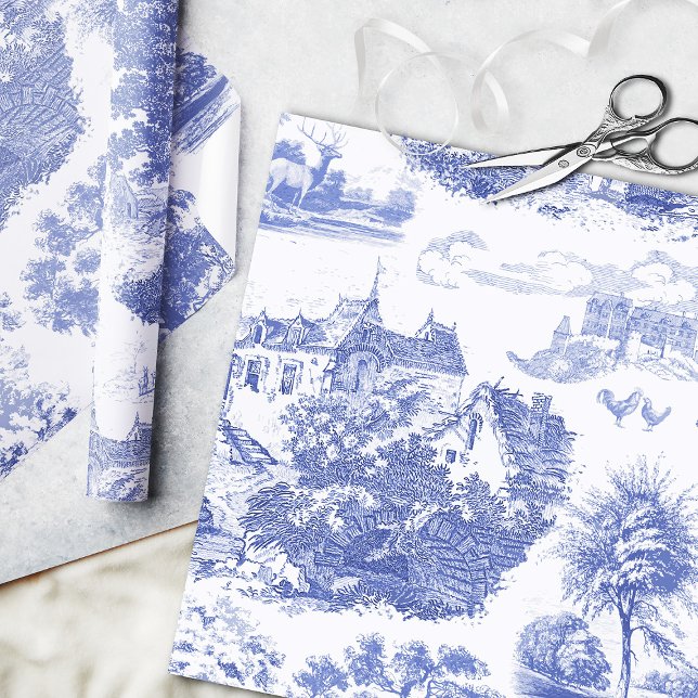 Classic Blue Vintag French Chateau Toile Geschenkpapier (Von Creator hochgeladen)