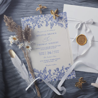 Classic Blue Vintage Floral Chic QR Code Wedding Einladung