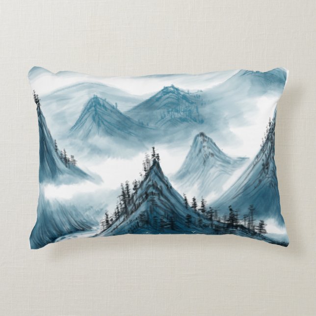 Classic Blue White Chinoiserie Landschaftsbild Mal Dekokissen (Vorderseite)