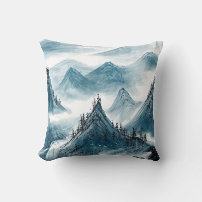 Classic Blue White Chinoiserie Landschaftsbild Mal Kissen (Vorderseite)