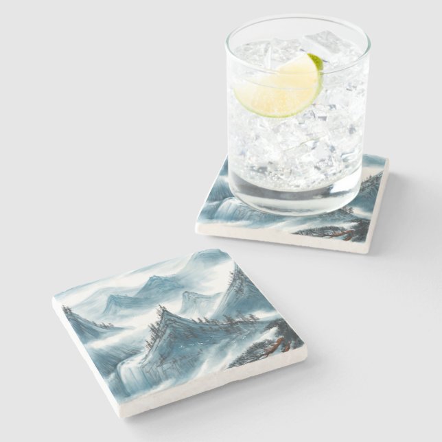 Classic Blue White Chinoiserie Landschaftsbild Mal Steinuntersetzer (Seitenansicht)