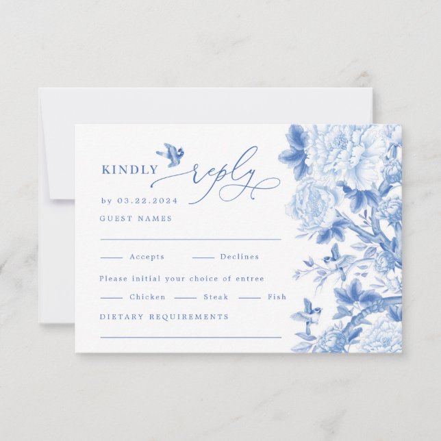 Classic Blue White Chinoiserie Wedding RSVP Karte (Vorderseite)
