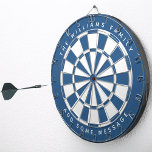 Classic Blue White Custom Familienname und Meldung Dartscheibe<br><div class="desc">Klassisches Dartboard-Design mit abwechselnden klassisch blauen und weißen Dreiecken. Oben und unten gibt es den Namen und eine Nachricht als Bogentext, in Kapiteln.</div>