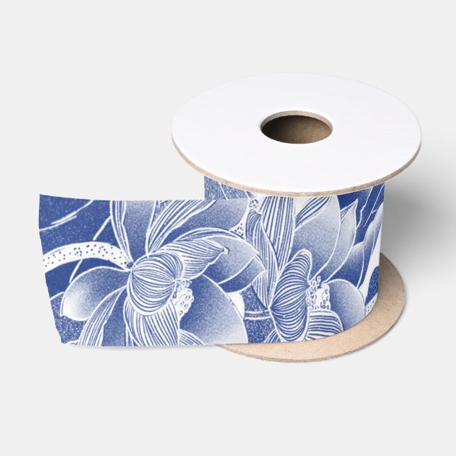 Classic Blue White Floral Lotus Garden Dekorativ Satinband (Spule)