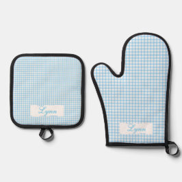 Classic Blue & White Gingham | Personalized Name Ofenhandschuh & Topflappen-Set