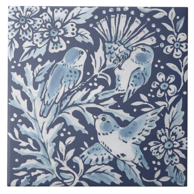 Classic Blue White Verziert 3 Birds Forest Floral Fliese (Vorderseite)