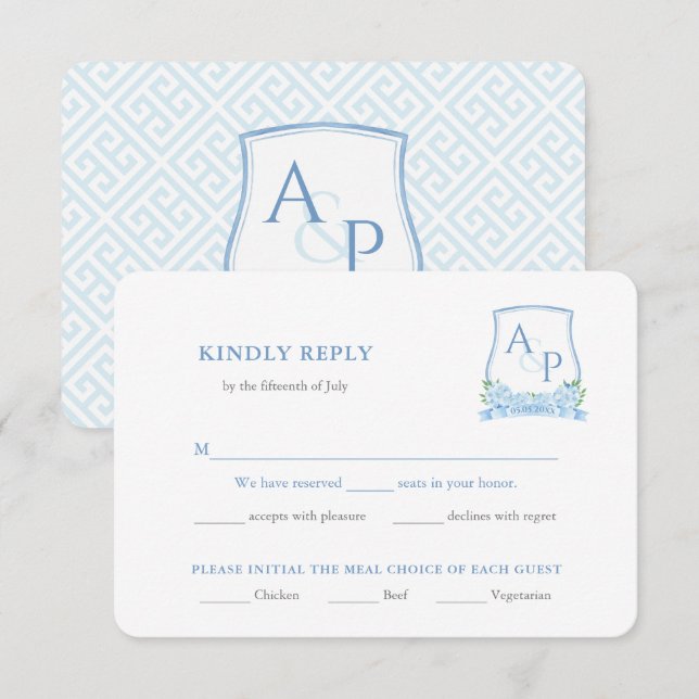 Classic Blue White Wedding Wappen UAWG Begleitkarte (Vorne/Hinten)