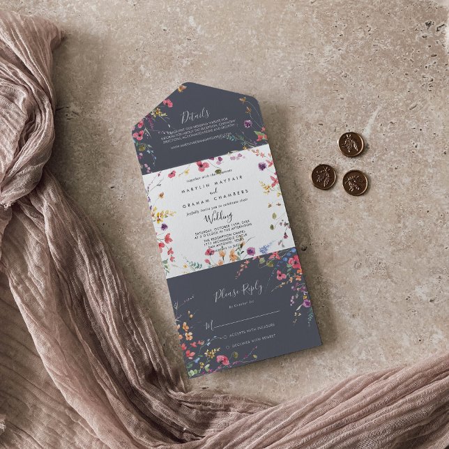 Classic Blue Wild Floral Wedding All In One Einladung (Von Creator hochgeladen)