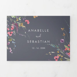 Classic Blue Wild Floral Wedding Dreifach Gefaltete Einladung