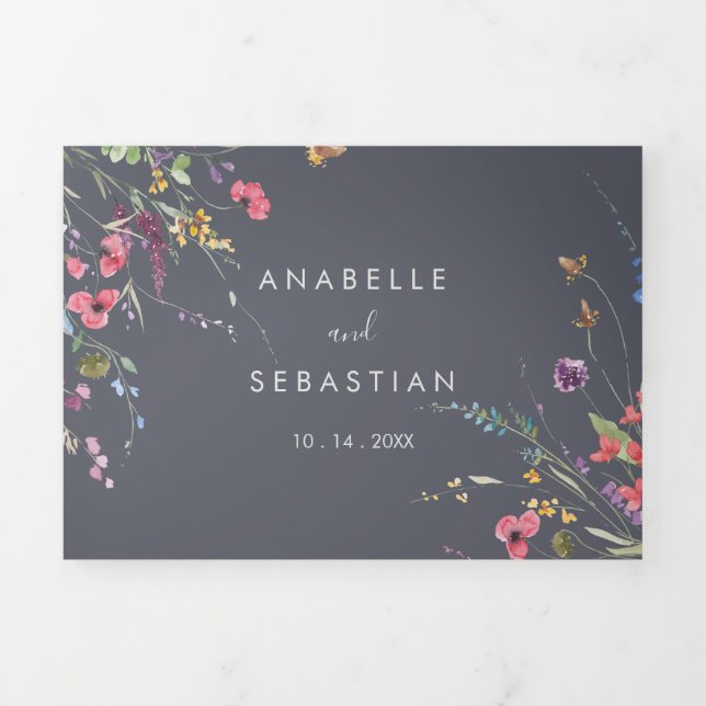 Classic Blue Wild Floral Wedding Dreifach Gefaltete Einladung (Cover)