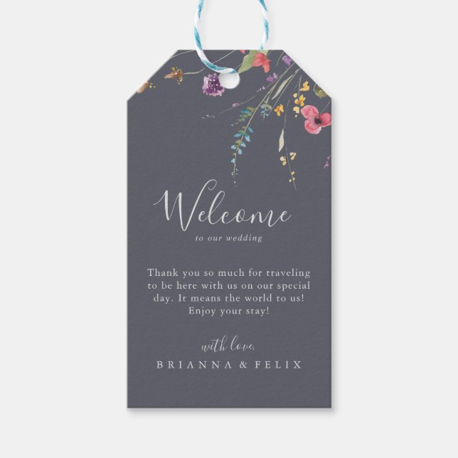 Classic Blue Wild Floral Wedding Willkommen Geschenkanhänger (Vorderseite)