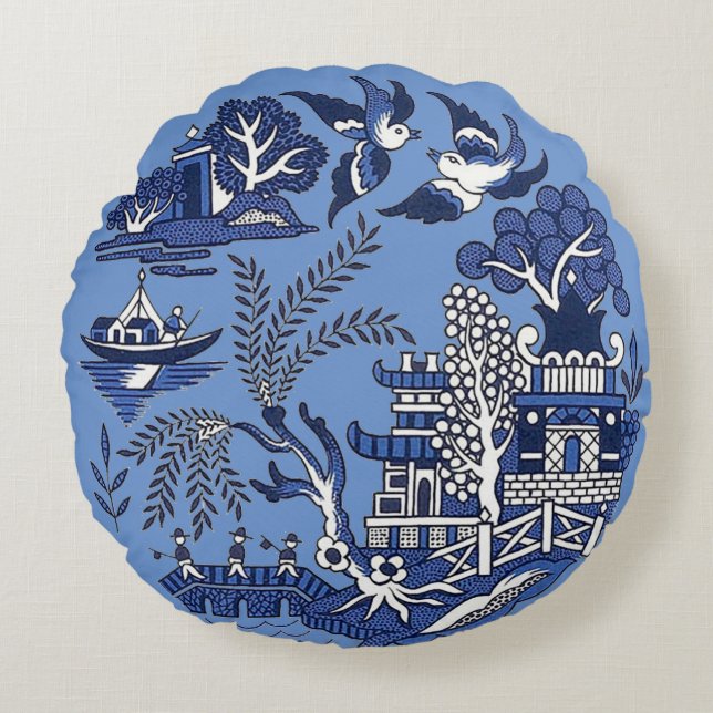 Classic Blue Willow Design Rundes Kissen (Vorderseite)