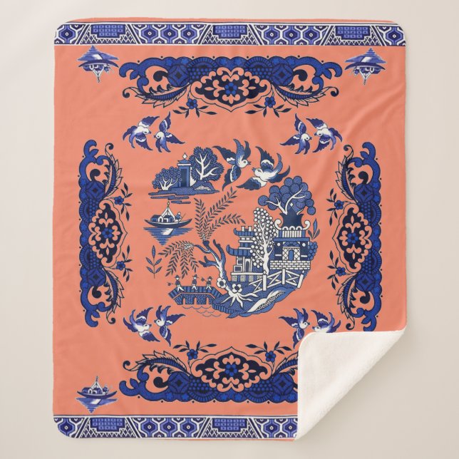 Classic Blue Willow Design Sherpadecke (Vorderseite)