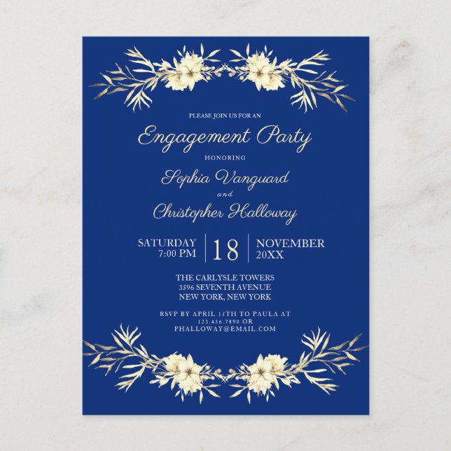 Classic Blue Winter Floral Engagement Party Invita Einladungspostkarte (Vorderseite)