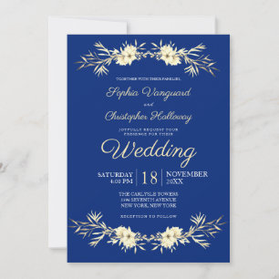Classic Blue Winter Floral Winter Wheat Wedding Einladung