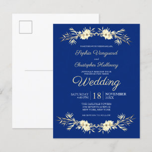 Classic Blue Winter Floral Winter Wheat Wedding in Einladungspostkarte