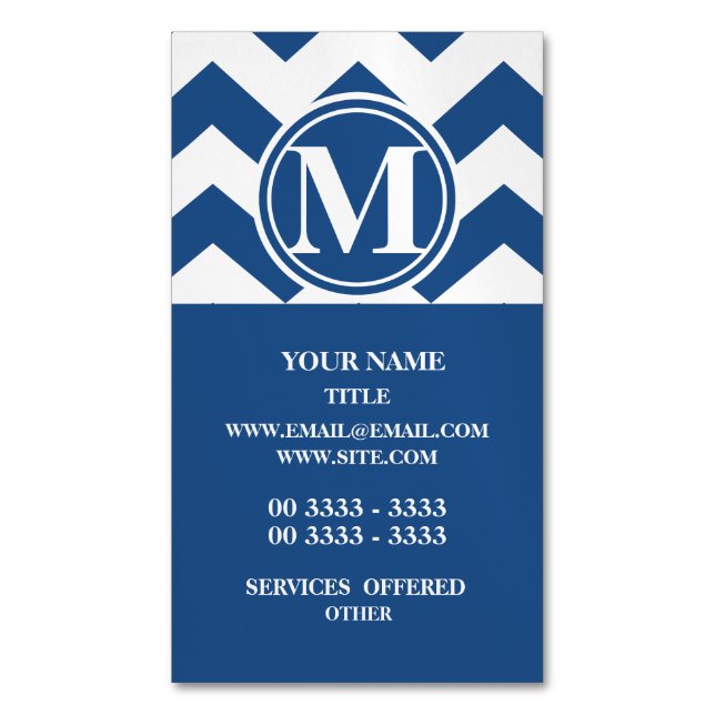 Classic Blue Zickzack Mit Monogramm Magnetische Visitenkarte (Vorderseite Vertikal)