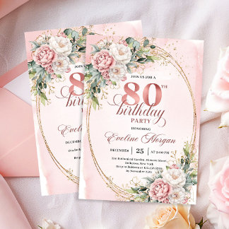 Classic Blush Pink Flowers Greenery 80th Birthday Einladung