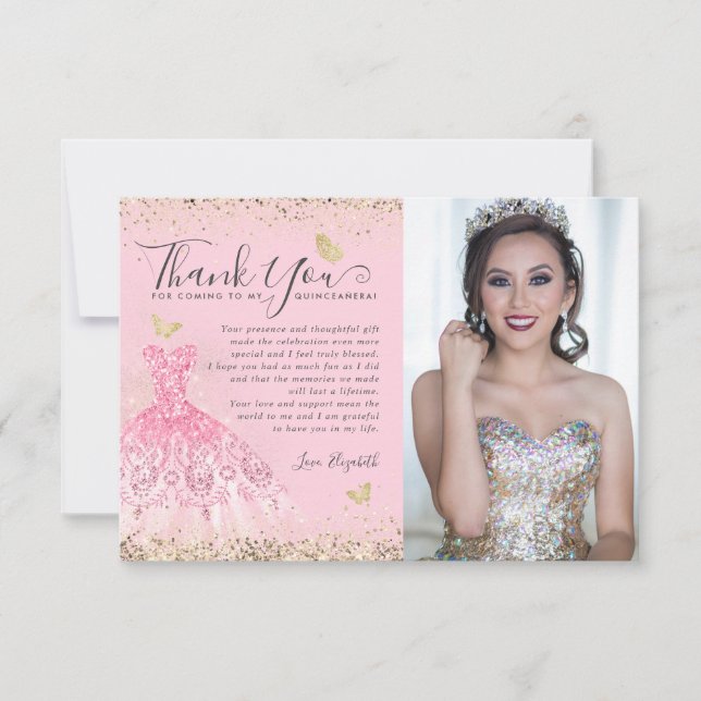 Classic Blush Pink Gold Glitzer Quinceanera 2 Foto Dankeskarte (Vorderseite)