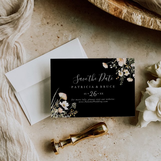 Classic Blush Wildblume Horizontal Black Wedding Save The Date (Von Creator hochgeladen)