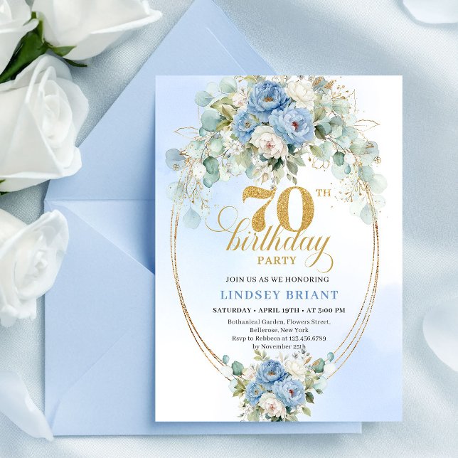 Classic Boho Blue Floral Eucalyptus 70th Birthday  Einladung (Classic Boho Blue Floral Eucalyptus 70th Birthday Invite

)