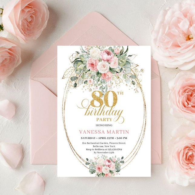 Classic Boho Blush Roses Gold 80th Birthday Invite Einladung (Classic Boho Blush Roses Gold 80th Birthday Invite)