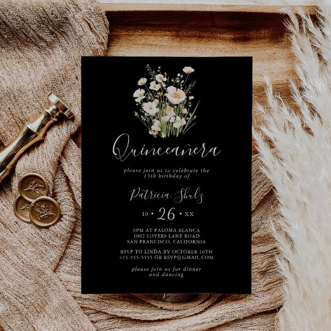 Classic Boho Blush Wildblume Black Quinceañera Einladung (Von Creator hochgeladen)