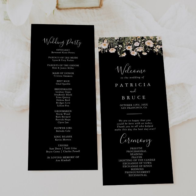 Classic Boho Blush Wildblume Black Wedding Programm (Von Creator hochgeladen)