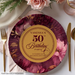 Classic Boho Burgundy Blush Gold 50. Geburtstag Pappteller