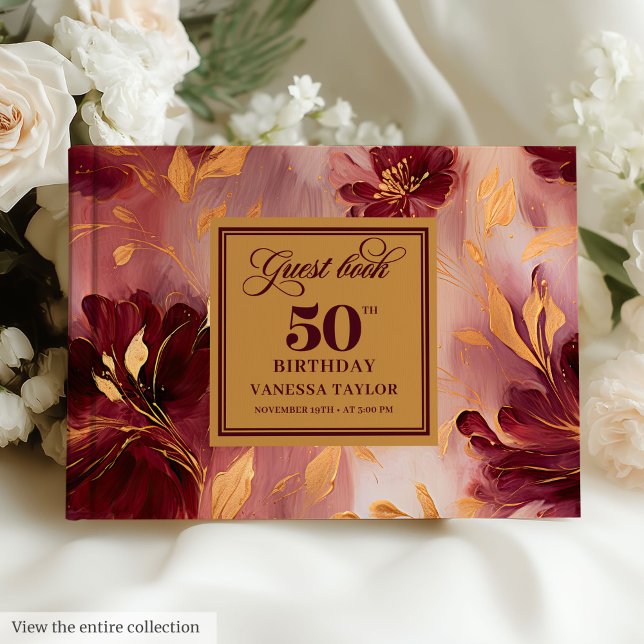 Classic Boho Burgundy Blush Gold Blume 50. Gästebuch (Classic Boho Burgundy Blush Gold Flowers 50th Day)