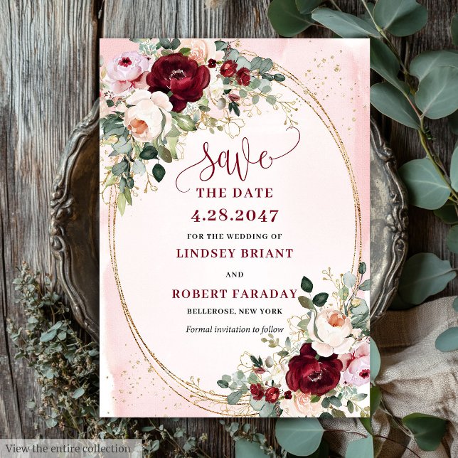 Classic Boho Burgundy Blush Gold Roses Save Date Einladung (Classic Boho Burgundy Blush Gold Roses Save Date)