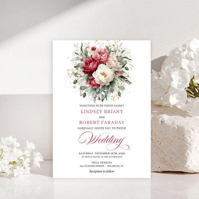Classic Boho Crimson Red Blush Greenery Invitation Einladung (Classic Boho Crimson Red Blush Greenery Invitation)