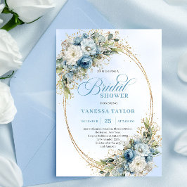 Classic Boho Dusty Blue Floral Gold Bridal Shower Einladung