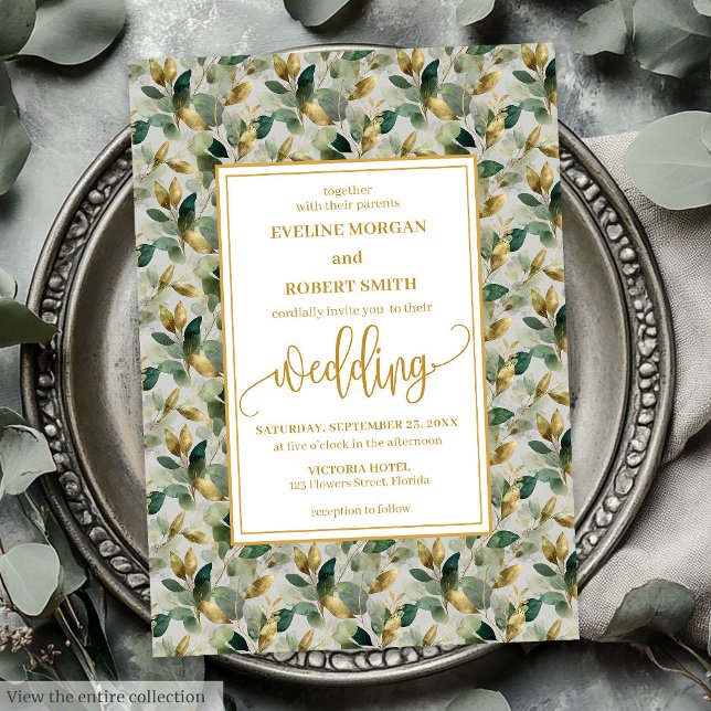 Classic Boho Forest Green Gold Eucalyptus Wedding Einladung (Classic Boho Forest Green Gold Eucalyptus Wedding Invitation)