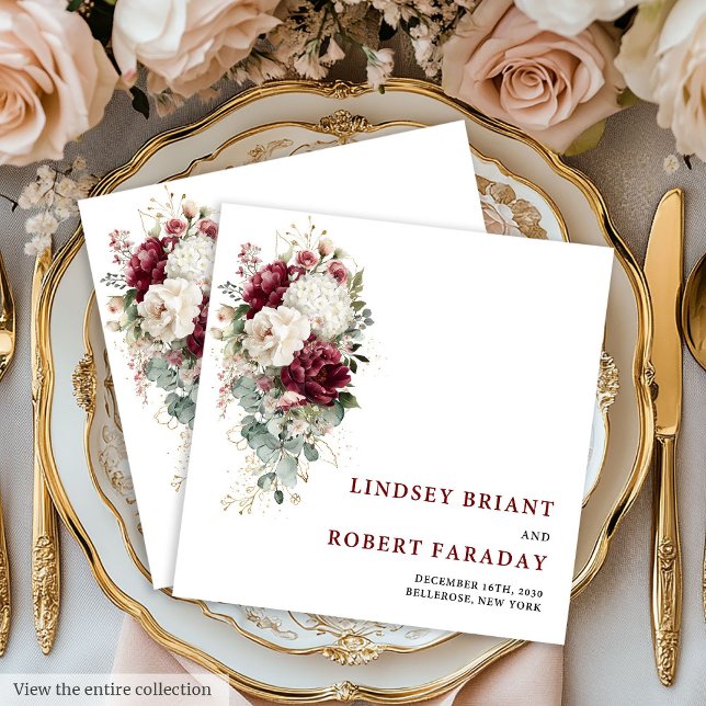 Classic Boho Maroon Blush Gold Roses Wedding Paper Serviette (Classic Boho Maroon Blush Gold Roses Wedding Paper Paper Dinner Napkins)
