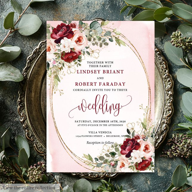 Classic Boho Merlot Gold Floral Wedding Invitation (Classic Boho Merlot Gold Floral Wedding Invite)