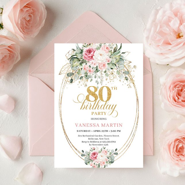 Classic Boho Minimalist Blush Floral 80th Birthday Einladung (Classic Minimalist Blush Floral 80th Birthday Invite

)